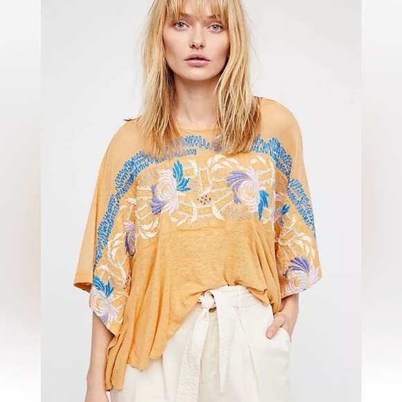 Free People Love Letter Tangerine Orange Size Small Boho Embroidered Linen - Picture 4 of 11